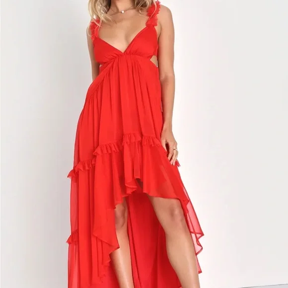 Dresses | Lulus Red Chiffon Tiered Highlow Dress Size Large | Poshmark